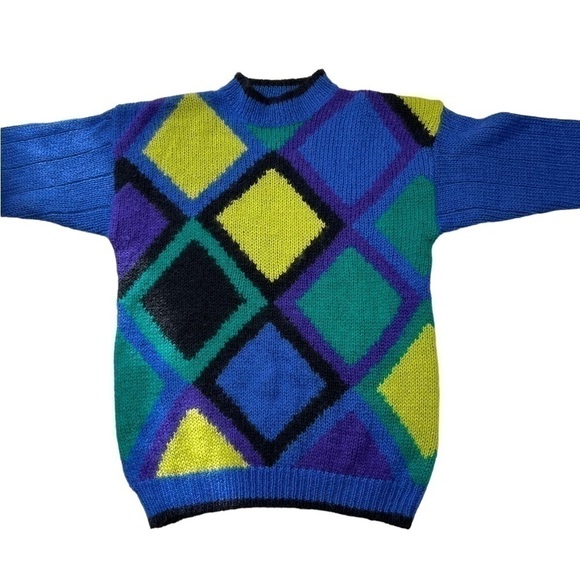 Mohair Blend Colorful Fuzzy Diamond Print Long Tunic Sweater 80s 90s - Picture 3 of 12